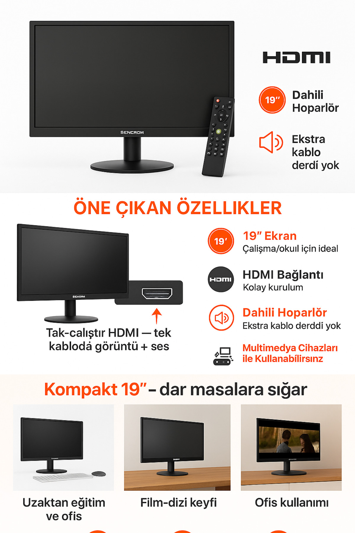 Sencro SNC H MON19 19" Dahili Hoparlör HDMI Monitör